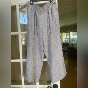 ELLEN TRACY linen Wide Leg Pants-Large-Blue/White Stripe